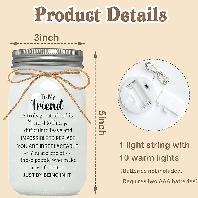Best Friend Birthday Gifts for Women, Friendship Mason Jar Night Lights, Christmas Mother's Day Birthday Gifts for Friends Women Bestie BFF