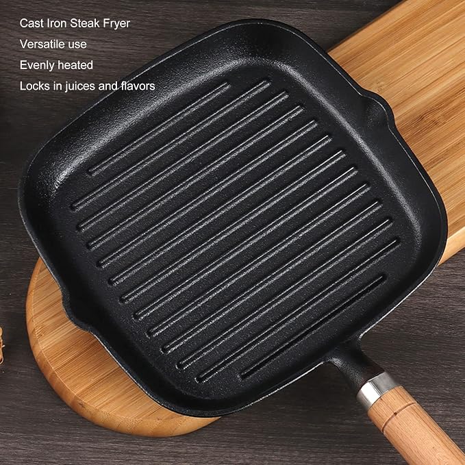Cast Iron Square Grill Pan,Nonstick Grill Pan,Multipurpose Prevents Stick Quadrate Cast Iron Steak Pan with Detachable Wooden Handle for Bacon Steak Onion