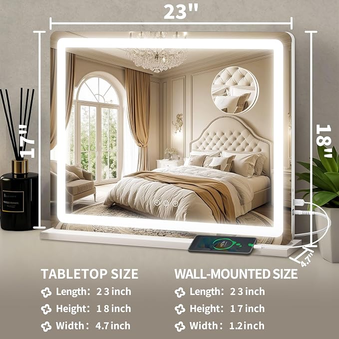 ROLOVE 23"x 18" Large Vanity Mirror with Lights, LED Makeup Mirror for Dresser and Desk, 10X Magnification, Dimmable Touch Control, Wall Mounted or Tabletop Mirror for Bedroom (White)