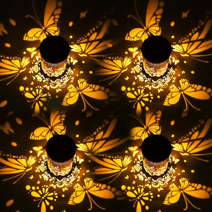 Mothers Day Gifts, 4 Pack Butterfly Birthday Gifts for Women Mom Grandma Solar Lanterns Outdoor Waterproof Garden Decor Hanging LED Decorative Light for Patio Yard Lawn Gardening Gifts