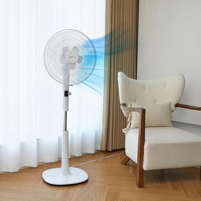 Amazon Basics 16-inch Quiet DC Motor Standing Floor Fan for Bedroom, 12 Speed with Remote, 3 Breeze Modes, Adjustable Height, Dual-Layered Blades, Timer, Energy Efficient (28W), White