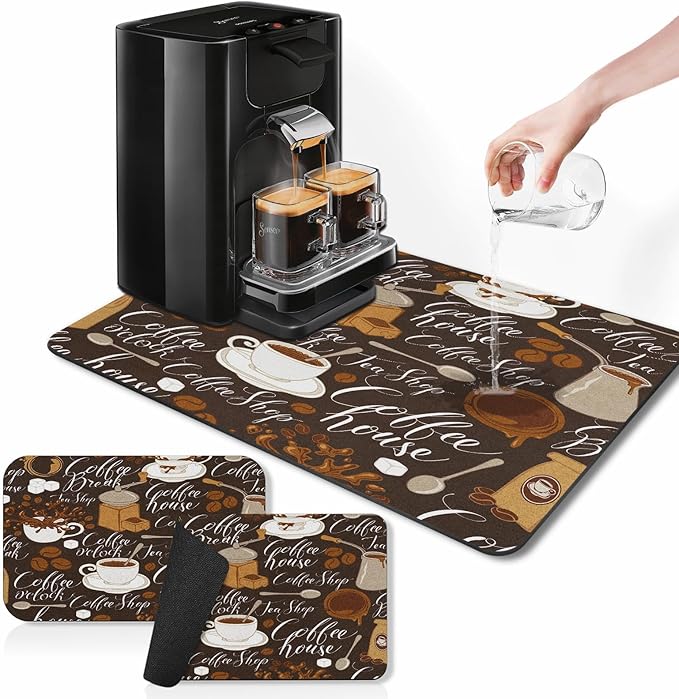 Arttown Coffee Mat for Countertops, Tea Retro Vintage Cafe Brown Dish Drying Mat 2 Pcs for Kitchen Bar Accessory, Fit Under Coffee Maker Espresso Machine Dish Rack Hide Stain 12x19in