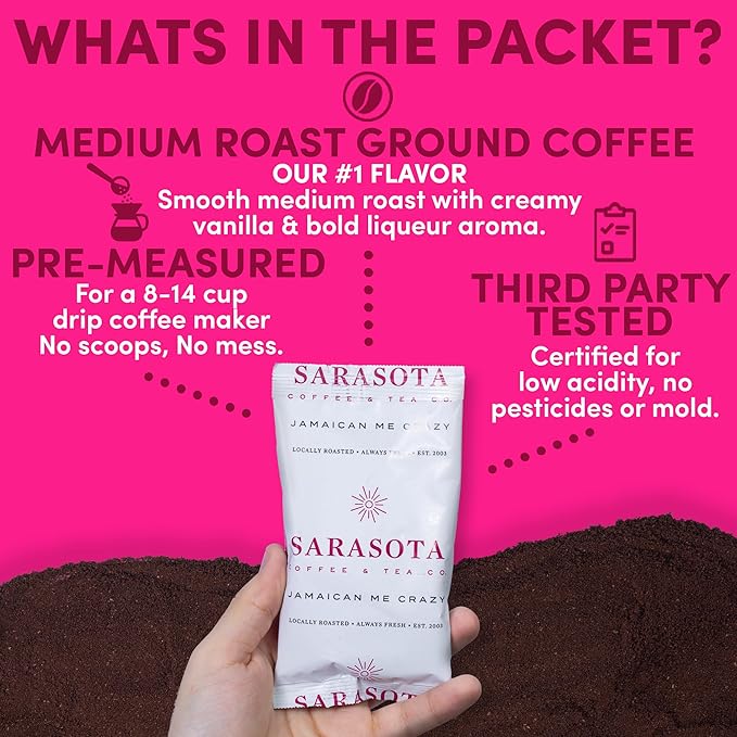 Coffee Packets – Jamaican Me Crazy Flavor | Medium Roast 1.5oz Pre-Measured Packs for 12-Cup Drip Makers | Low Acid Mold-Free Ground | 42 Pouches – Sarasota