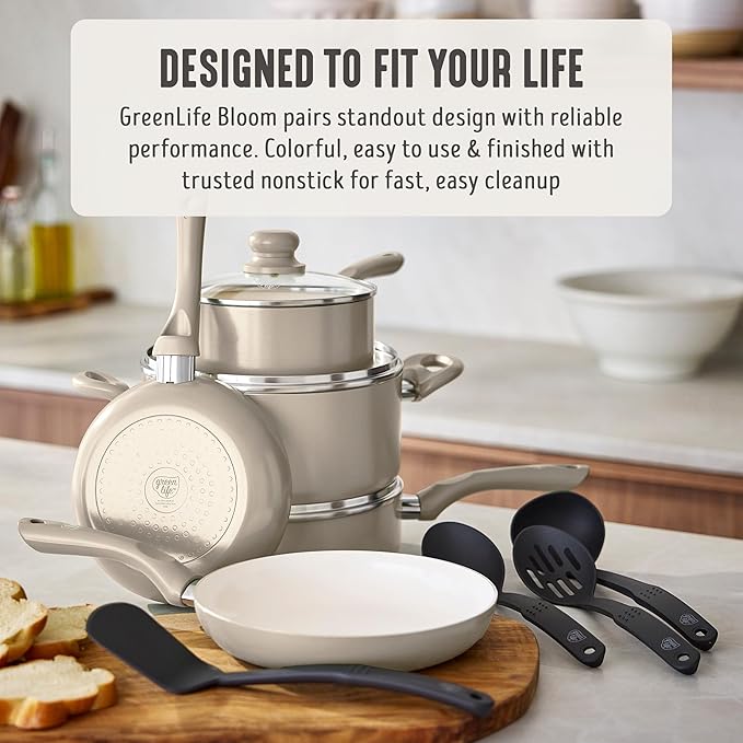 GreenLife 16-Piece Nonstick Cookware Set, Non-Toxic Ceramic Pots and Pans Set, Durable Healthy Kitchen Essentials, Fast Heating, Induction Ready, Easy Clean Dishwasher Safe, PFAS-Free, Beige Taupe