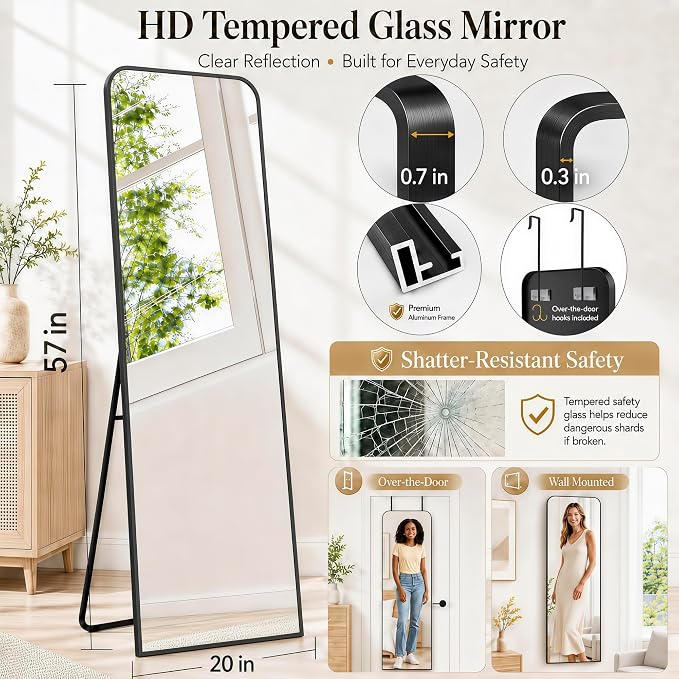 SCWF-GZ 57x20 Full Length Mirror Over The Door Hanging, Floor Stand/Wall Mounted Aluminum Alloy Frame Dressing Mirror for Bedroom Living Room 57 inch Black