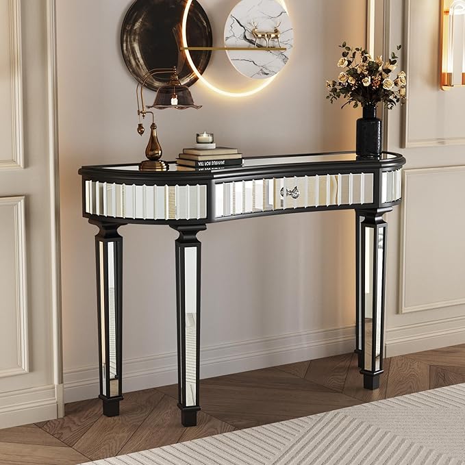 SSLine Mirror Console Table for Living Room 47" Half-Moon Mirrored Entryway Table with Fluted Glass & Crystal Knob Drawer Modern Luxury Black Silver Mirror Foyer Tables for Hallway Entrance