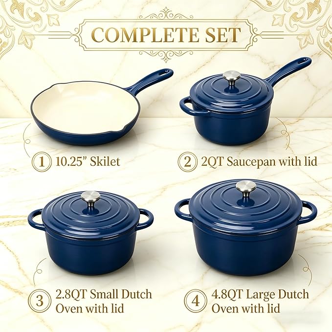 QuliMetal Enameled Cast Iron Cookware Set, 4-Piece Pots and Pans Set with Lids, 10.25" Skillet, 2QT Saucepan, 2.8QT & 4.8QT Dutch Ovens, Oven Safe to 500°F, All Stovetops Compatible - Navy Blue