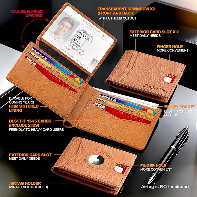 Wallet for Men Slim RFID Blocking Bifold Carbon Fiber,Minimalist Small Compact Front Pocket Credit Card Holder,Thin Mens Leather Wallets Smart Security With 2 ID windows 1 Cash (Cross Brown)
