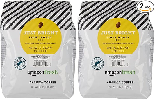 Amazon Fresh, Just Bright Whole Bean Coffee Light Roast, 32 Oz (Pack of 2)