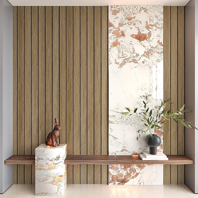 Brown Wood Panels for Wall 3D Wood Slat Wall Panel Acoustic Faux Wooden Slat Wallpaper Self Adhesive Herringbone Shiplap Peel and Stick Wallpaper for Bedroom Living Room Entrance Hall Decor