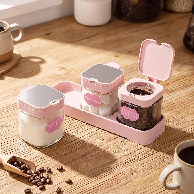 Suclain 3 Pcs Glass Coffee Containers Coffee Station Organizer Set, Airtight Bean Storage Jars with Shelf,labels,spoon, Base and Pen,for Sugar, Candy, Oats, Nuts (Pink)