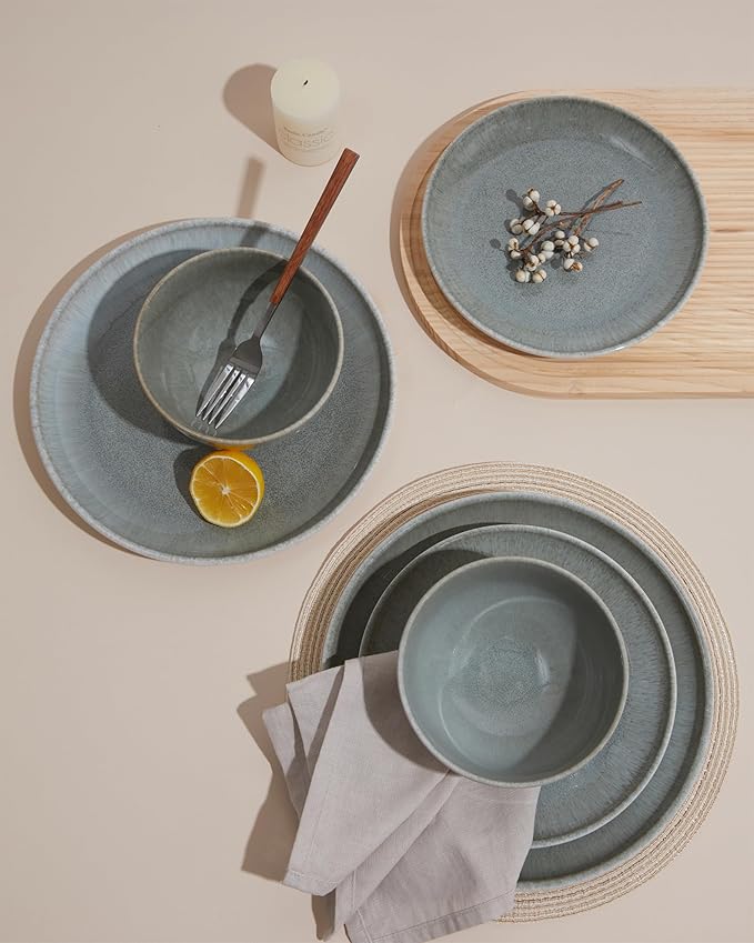 Pokini 24 Piece Dinnerware Sets for 8, Modern Stoneware Plates and Bowls Sets, Perfect for Family Gatherings & Holiday Celebrations, Easy Cleaning Dishes, Stack Compactly Plate Set, Gradient Green