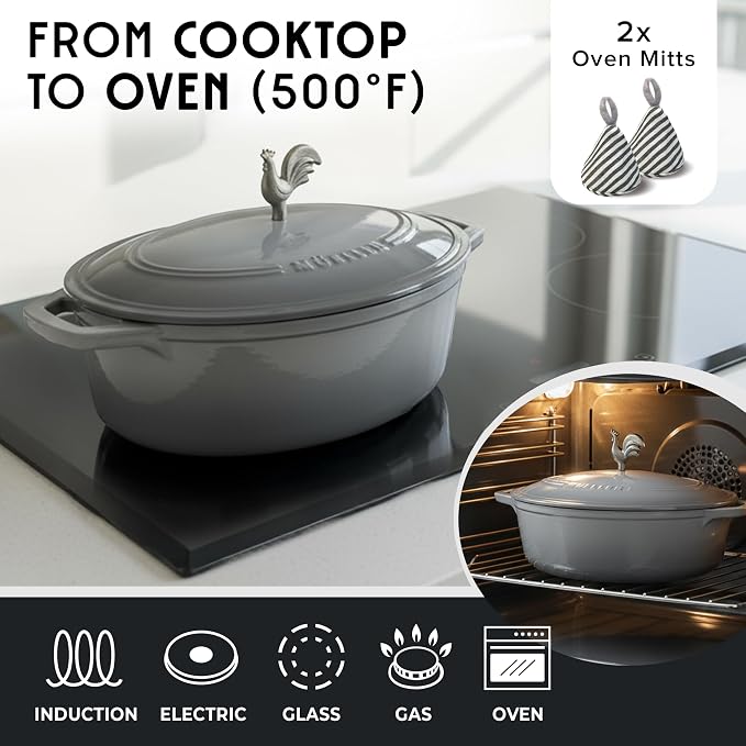 MUELLER HOME 5.5 Quart Enameled Cast Iron Oval Dutch Oven with Rooster Knob & Cotton Potholders, Heavy-Duty Cookware, Oven-Safe up to 500° F & Across All Cooktops, Gifts for Grandma & Women, Gray | Rooster Knob, Cotton Potholders Included, Oven-Safe up...