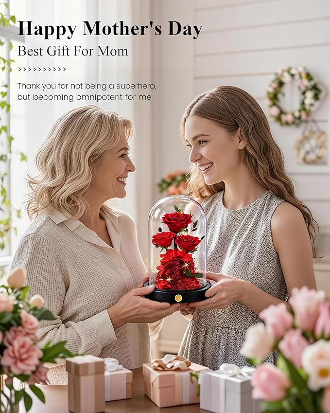 Agrul Mothers Day Flowers Roses Gifts for Mom,Forever Preserved Flower Rose in Glass Dome Fresh Flowers for Delivery Mothers Day Roses Gifts for Wife Women Mom Grandma from Daughter/Red Rose