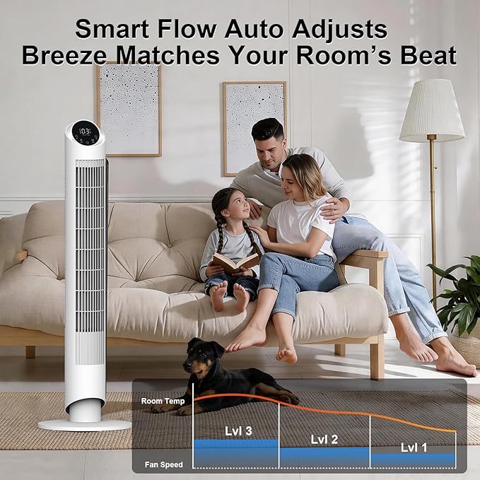 hykolity Tower Fan for Bedroom, 90° Oscillating Fan, 28dB Ultra Quiet Floor Fan with Remote Control, 26ft/s Velocity Bladeless Floor Fan with 3 Speeds & 4 Modes, 12H Timer - White