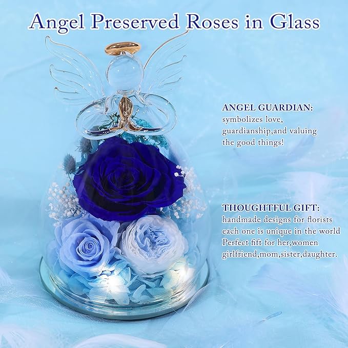 FIACO Gifts for Women Birthday Preserved Rose Forever Flower in Glass Angel Figurines Fresh Flowers for Delivery Prime for Mom Real Roses for Grandma Sister Wife Her from Daughter