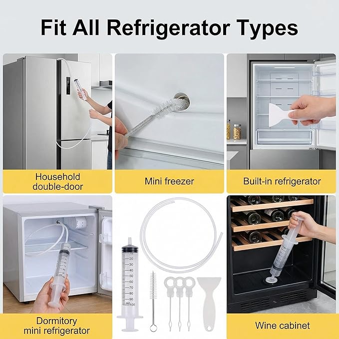 MUAECH 7-Piece Refrigerator Drain Hole Cleaner Kit, 60in Flexible Fridge Drain Cleaning Brush & Hose Set with Syringe, Plungers and Shovel for Unclogging Fridge Water Line & Dispenser