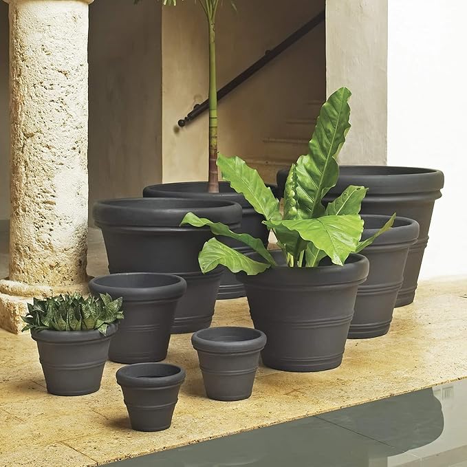 Crescent Garden Brunello Classic Rolled Rim Planter Pot, Indoor/Outdoor Weather-Safe Resin Round Plant Pot, 20''W (Caviar Black)