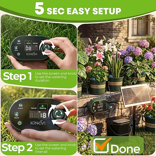 Solar Drip Irrigation System Kit, Auto Plant Waterer for 15 Pots | 3W Solar DIY Watering Device with Bucket & Flower Pots Included, 22 Programmable Timer Modes, Anti-Siphon