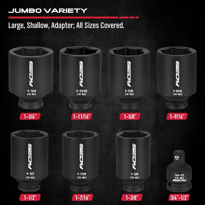 SAE Deep Impact Socket Set 8-Piece 1/2-inch Drive Wheel Axle Nut Wrench Large Sockets Standard Adapter 1-11/16 1-9/16 1-3/8 1-7/16 1-1/2 1-5/8 1-3/4 Imperial Spindle Joint Torque Bearing Locknut Truck