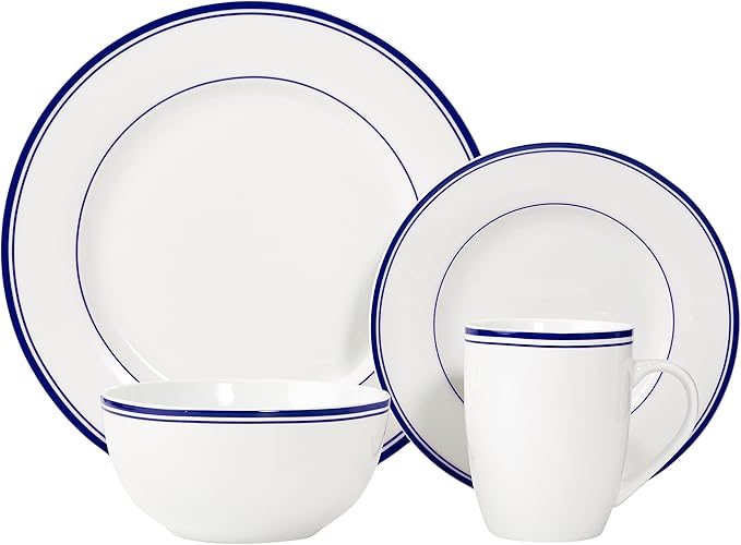 Amazon Basics 16-Piece Cafe Stripe Dinnerware Set, Microwave and Dishwasher Safe, Plates, Bowls, Mugs, Service for 4, Blue