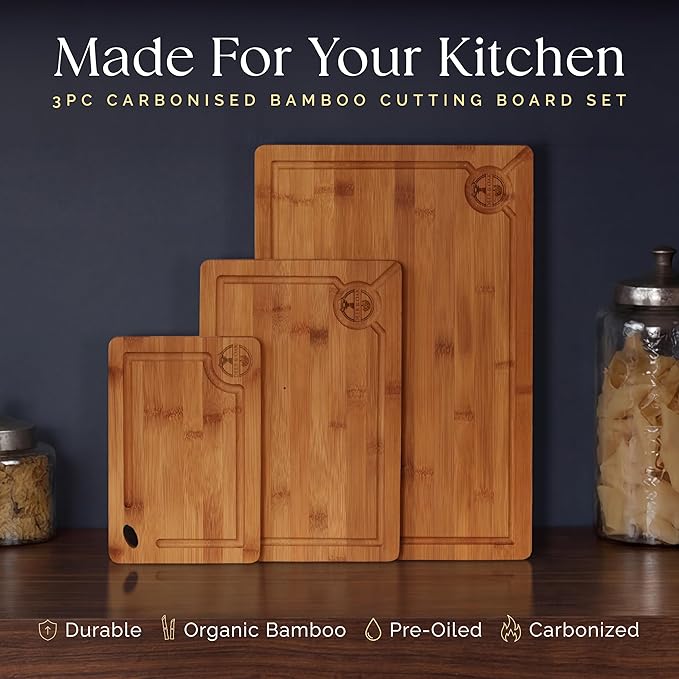Pre-Oiled, Non Toxic 3-Piece Carbonized Bamboo Cutting Board Set, 500°F Carbonized Technology Eco-Friendly Wooden Chopping Boards for Kitchen with Juice Groove, Charcuterie Serving Boards Deer & Oak
