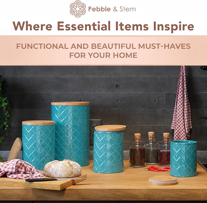 Pebble & Stem® Coastal Teal Metal Canister Set for the Kitchen with Measuring Spoon, Food Canister Set of 4, Airtight Lids, Sugar, Flour Containers, Coffee, Tea Storage, Farmhouse Decor
