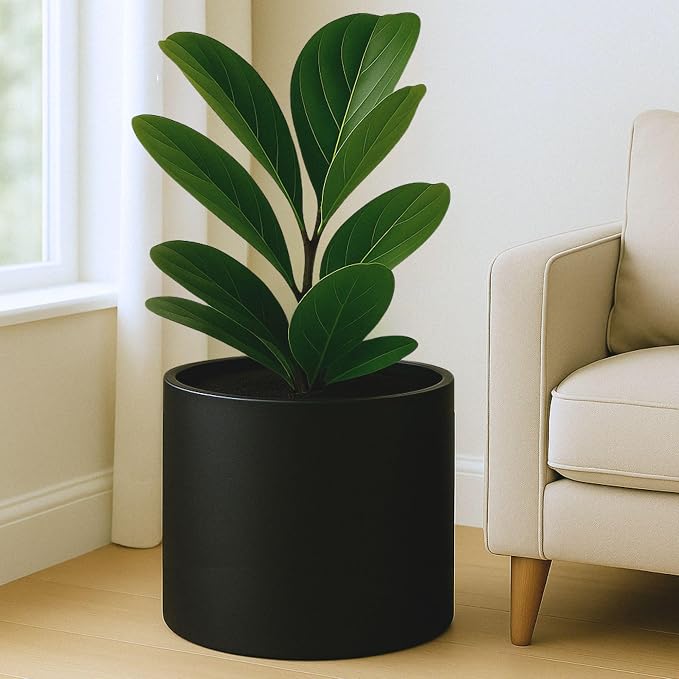 Fox & Fern Large Indoor Planter, Modern Large Plant Pot for Indoor or Outdoor, UV and Frost Resistant - 14.6 Inch, Matte Black Flower Pot with Drainage Plug, Lightweight