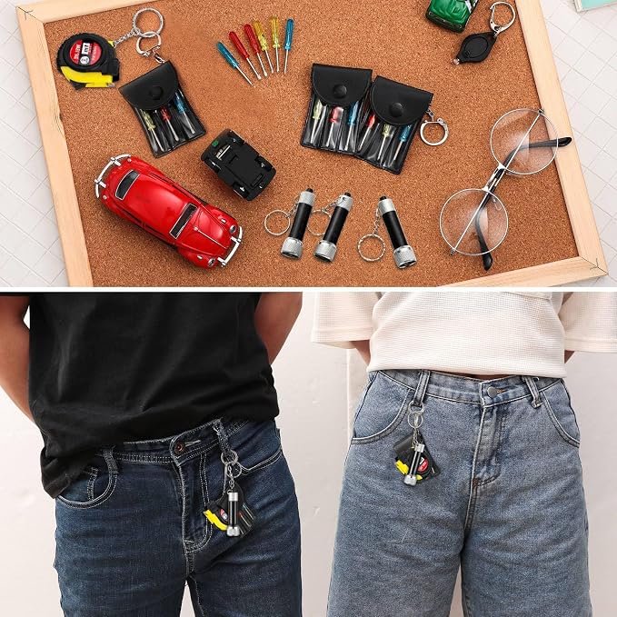 Jutom 36 Pcs Mini Tape Measure Keychain Screwdriver LED Light Keychain Bulk Men Adult Tool Party Gifts Prize for Man Father's Day Housewarming Gifts Adult Useful Tool Favors (Black)