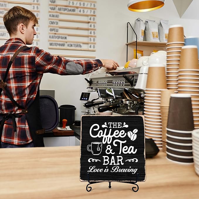 Coffee Bar Sign, Love is Brewing Farmhouse Tabletop Decor, Coffee and Tea Lover Gifts, 5x5 Wood Plaque with Iron Stand for Home Kitchen Cafe, Coffee Bar Decor – L01