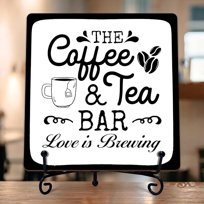 Coffee Bar Sign, Love is Brewing Farmhouse Tabletop Decor, Coffee and Tea Lover Gifts, 5x5 Wood Plaque with Iron Stand for Home Kitchen Cafe, Coffee Bar Decor – L06