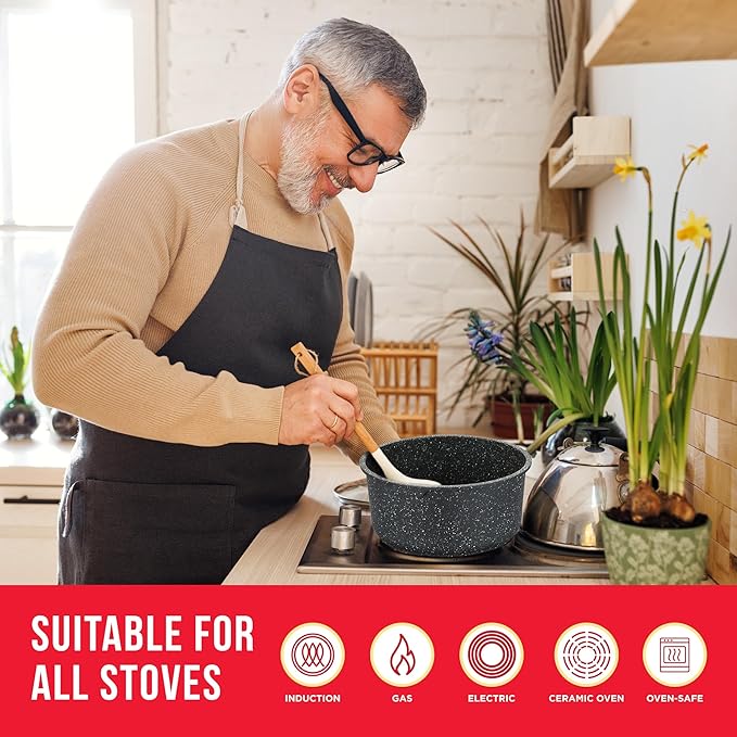 Pots & Pans Set Non Stick Ceramic-Granite – 15-Piece Cookware with Detachable Handles, Stackable Space-Saving, Dishwasher Safe, Oven & All-Stove Safe, Tempered Glass Lids, Black Granite
