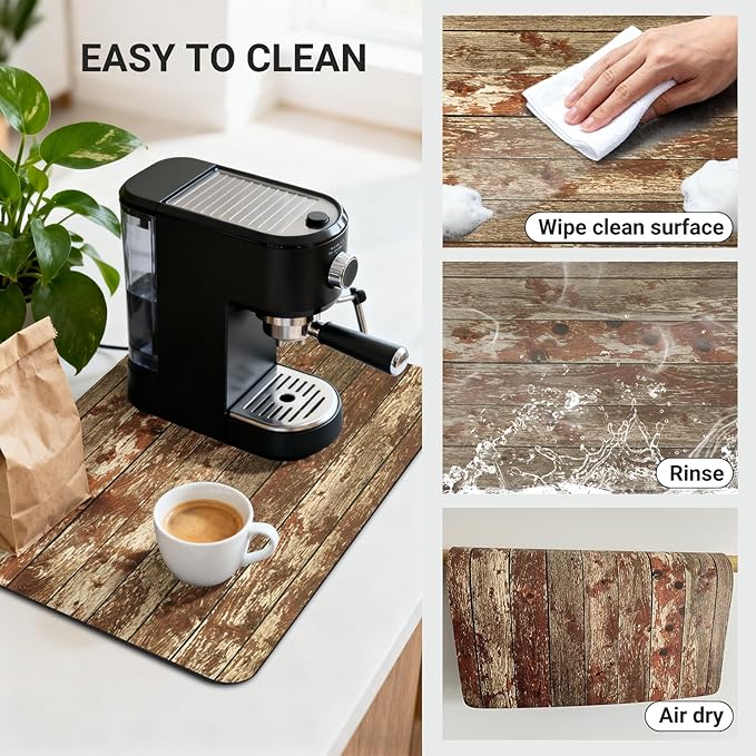 Coffee Mat 20x12 Inch, Wood Grain Coffee Machine Mat, Absorbent Hide Stain Rubber Backed Dish Drying Mat for Kitchen Counter, Bar Mat for Countertops,Under Coffee Bar Maker Machine Pot Espresso Staion