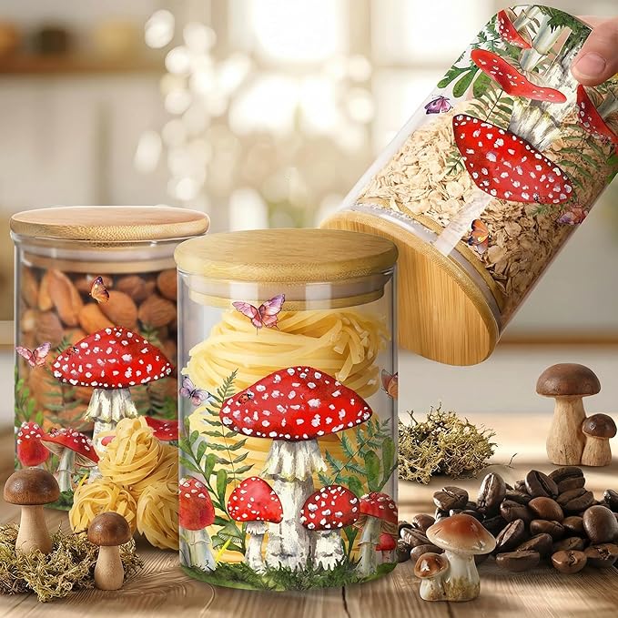 Mushroom Clear Glass Storage Jar with Airtight Lid, Food Canister for Kitchen Countertop, Coffee Tea Sugar Cookie Spice Home Kitchen Organizers 3 Pack
