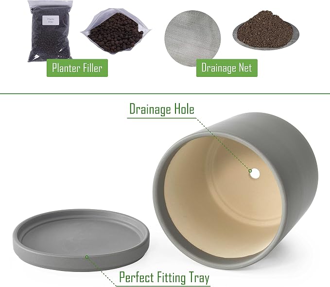 D'vine Dev 8 Inch Ceramic Planter Pot, Grey, 94-O-D-3 | Modern Cylinder Design, Drainage Hole & Saucer Included, Stable Structure, Elegant Home Accent