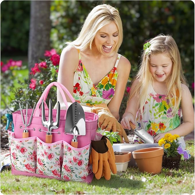 Grenebo Gardening Tools 9-Piece Heavy Duty Garden Hand Tools with Fashion and Durable Garden Tools Organizer Handbag, Rust-Proof Garden Tool Set, Ideal Gardening Gifts for Women (Pink)