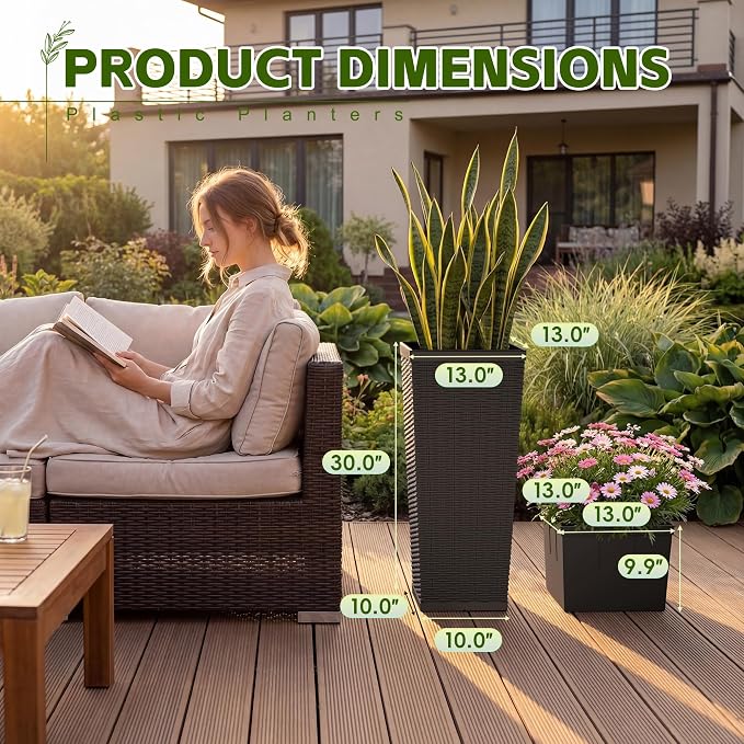 Devoko Resin Tall Planters for Outdoor Plants Set of 2, Large Taper Outdoor Planter Pots with 4 Drainage Holes, Flower Pots Modern Decor for Porch, Patio, Backyard, Home Garden (Brown, 30'')