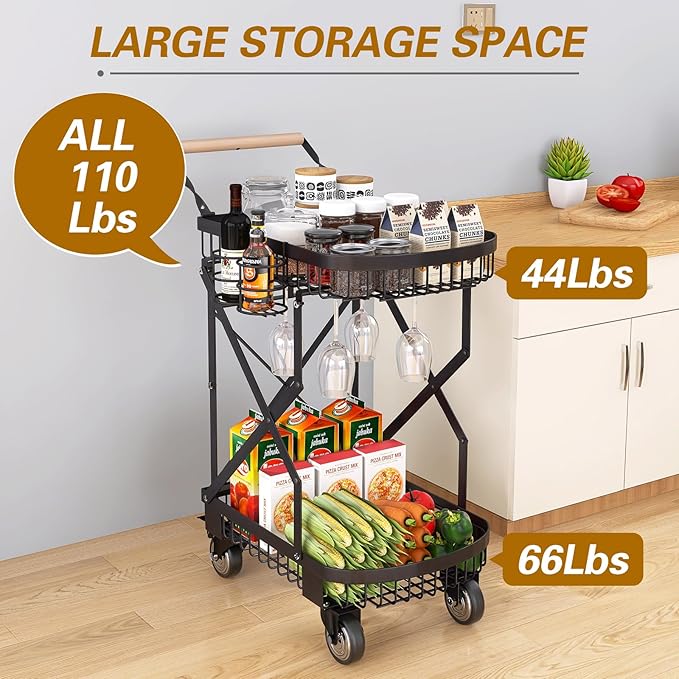 2-Tier Foldable Shopping Cart with Wheels for Groceries, Grocery Store Cart with 360° Rolling Swivel Wheels, Heavy Duty Folding Utility Cart for Camping Gear, Traveling, Laundry, Garden, Pantry