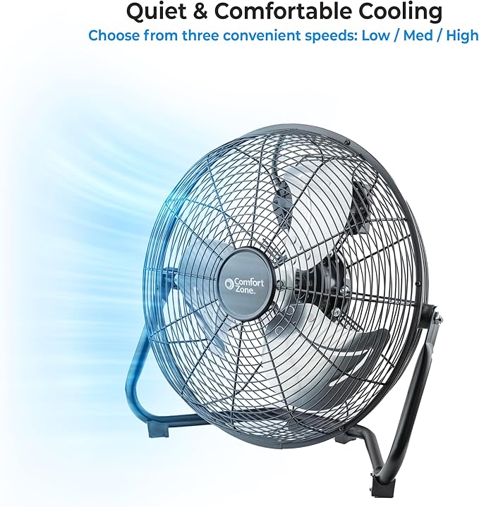Comfort Zone Cradle Floor Fan, Electric, High-Velocity,180 Degree Adjustable Tilt, 14 inch, 3 Speed, Carry Handle, Rubber Feet, Metal, Airflow 21 ft/sec, Ideal for Garage or Workshop, CZHV14B