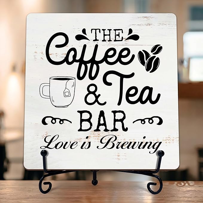Coffee Bar Sign, Love is Brewing Farmhouse Tabletop Decor, Coffee and Tea Lover Gifts, 5x5 Wood Plaque with Iron Stand for Home Kitchen Cafe, Coffee Bar Decor – L07