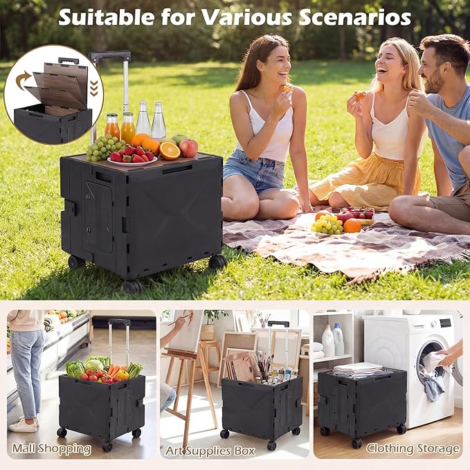 Goplus Foldable Utility Cart, Portable Rolling Crate Handcart with 4 Rotate Wheels, Telescoping Handle, Lid & Cup Holder for Travel, Shopping, Luggage, Grocery, Office & Teacher (Black)