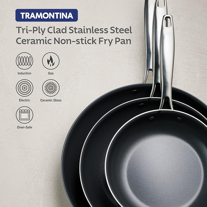 Tramontina Signature 8-Inch Tri-Ply Clad Stainless Steel Small Frying Pan | Ceramic Non Stick Interior, Induction-Ready Skillet, Oven-Safe