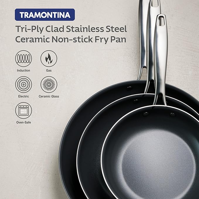 Tramontina Signature 10-Inch Tri-Ply Clad Stainless Steel Frying Pan with | Ceramic Non Stick Interior, Induction-Ready Skillet, Oven-Safe