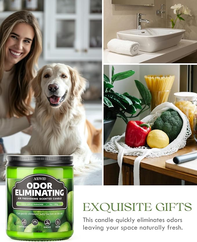 AOOVOO Green Apple Odor Eliminating Highly Fragranced Candle - Eliminates 95% of Pet, Smoke, Food, and Other Smells Quickly, Non Toxic Air Freshing Soy Candle, Up to 50 Hours Burn time