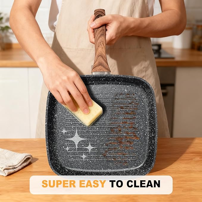 NEWBULIG 3-Piece Nonstick Grill Pan Set, Square Griddle Pans with Wooden Handles, Induction Cooktop Compatible, Nonstick Cookware for Steak, BBQ, Vegetables, Black (9.5", 10.2", 11")