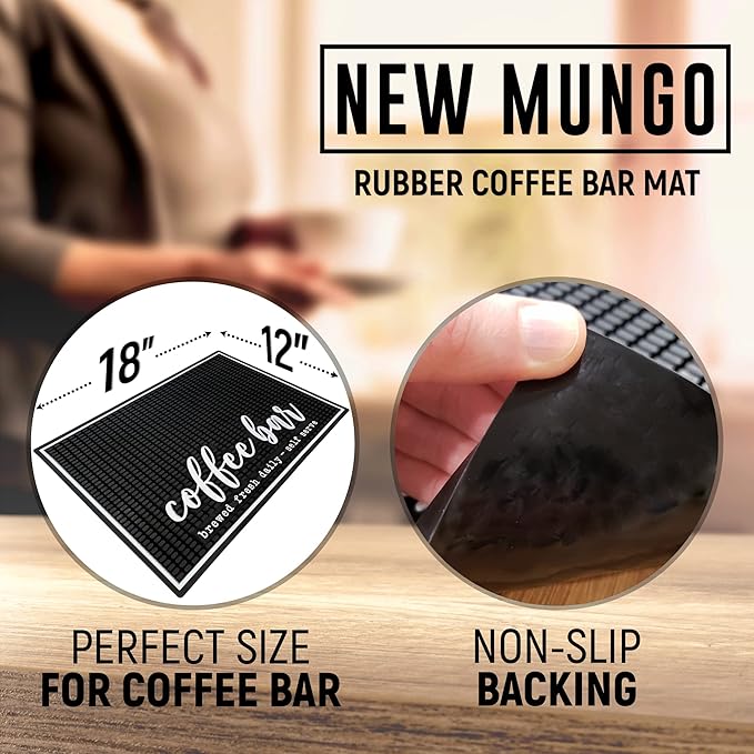 New Mungo Coffee Bar Mat – “Coffee Bar - Brewed Fresh Daily - Self Serve” – Spill-Proof PVC Coffee Station Mat, Non-Slip Countertop Protector 18"x12"
