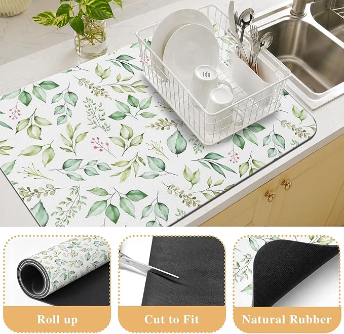 Kitchen Countertop Dish Drying Mat,Super Absorbent Coffee Bar Mat for Maker Espresso Machine, Anti-Slip Accessories for Kitchen Countertops 19x12 Inch