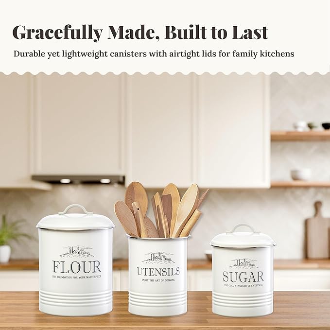 noonberry Kitchen Canisters for Countertop – 3-Piece Airtight Canister Set for the Kitchen Counter with Utensil Holder – Flour Sugar Containers – Cream-White Magnolia Finish
