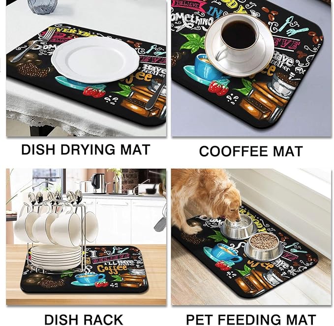 Coffee Bar Mat Accessories for Countertop Absorbent Hide Stain Rubber Backed Dish Drying Mats for Kitchen Counter Draining Pad Decor Gift(24x18in)