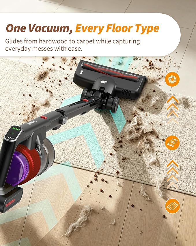 ElecKeys 650W Cordless Vacuum Cleaner for Home, Pet Hair & Hardwood Floors, 55KPa Lightweight Vacuum Cleaners with 65 Mins Runtime, Self-Standing, Foldable Tube, Charging Dock & Anti-Tangle Brush
